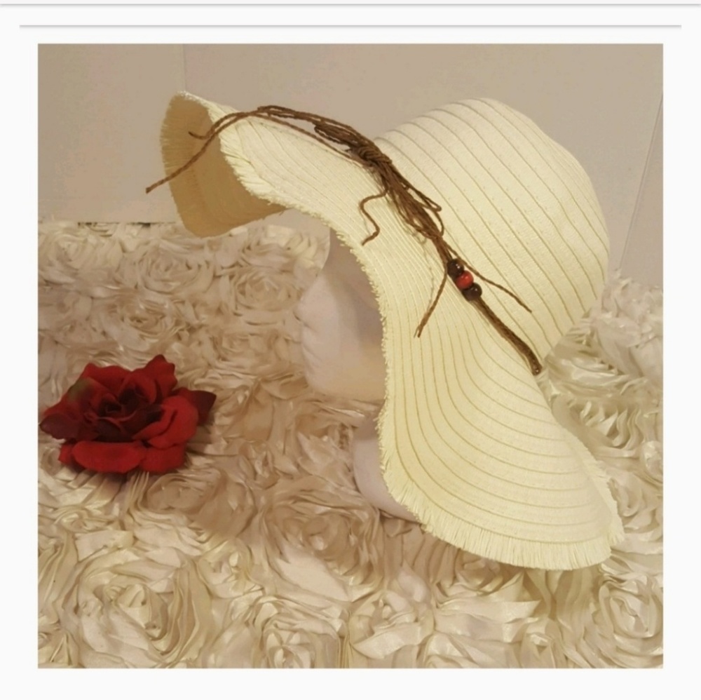 Wide Brim Floppy Sun Hat Womens With Rustic  Beaded Band.